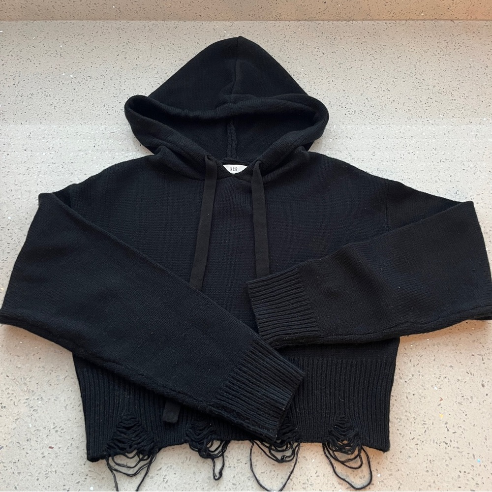 Nordstrom Black Distressed Knit Cropped Hoodie